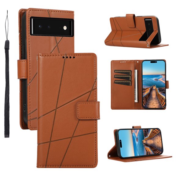 Nalacover Case for Google Pixel 6 - Card Holder PU Leather Wallet Cover with Magnetic Clasp Stand Hand Strap, Soft TPU Inner Shockproof Anti-Scratches Case for Google Pixel 6, Brown