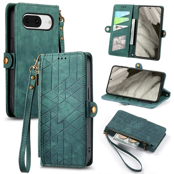 Nalacover Case for Google Pixel 8, with RFID Blocking Card Slot Holder, Magnetic Flip Folio Purse Case, PU Leather Zipper Handbag with Detachable Lanyard Strap for Google Pixel 8, Green