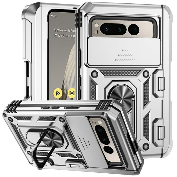 Nalacover Case for Google Pixel Fold Heavy Duty Camera Lens Sliding Cover with Ring Holder Bracket, Rugged PC + TPU Military Grade Shockproof Metal Magnetic Car Mount Cover, Silver