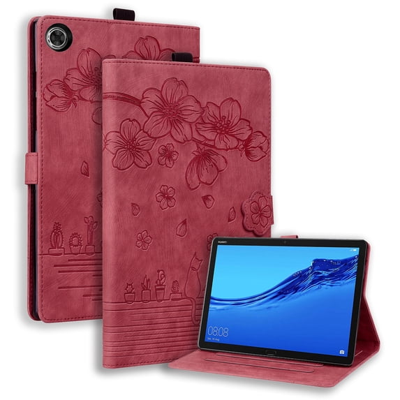 Nalacover Case for Lenovo Tab M10 3rd Gen 10.1" 2022, Flower Embossed Pattern PU Leather Flip Cover with Card Slots Holder Auto Wake/Sleep Kickstand TPU Shockproof Case, Winered