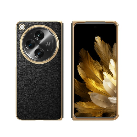 Nalacover Case for One Plus Open/OPPO Find N3 Electroplated Slim Folding Phone Case, Lychee Pattern PU Leather Plating Frame Shockproof Protective Cover for One Plus Open/OPPO Find N3, Black