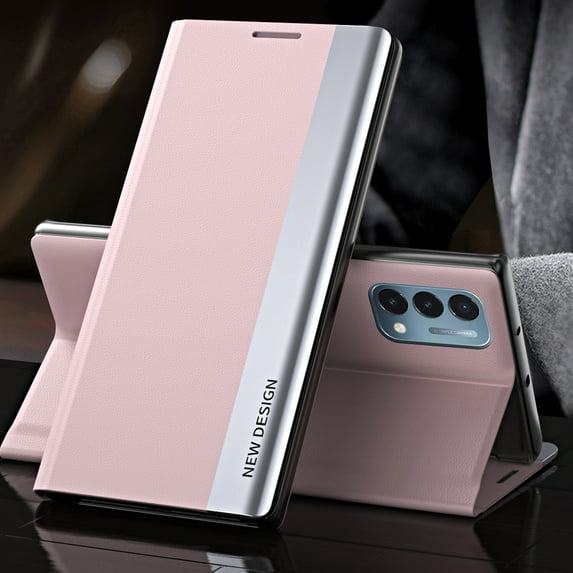 Nalacover Case for OnePlus Nord N200 5G, Luxury PU Leather Flip Folio Cover with Bracket Kickstand Magnetic Adsorption Full Body Lens Protection Shockproof Case, Pink