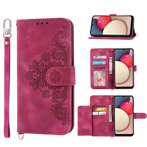 Nalacover Case for Samsung A04E, PU Leather Wallet Phone Crossbody Flip Case with Credit Card Holder and Shoulder Wrist Strap Magnetic Stand Shockproof Cover for Samsung Galaxy A04E, Winered