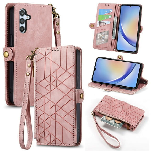 Nalacover Case for Samsung A13 5G, with RFID Blocking Card Slot Holder, Magnetic Flip Folio Purse Case, PU Leather Zipper Handbag with Detachable Lanyard Strap for Samsung Galaxy A13 5G, Pink