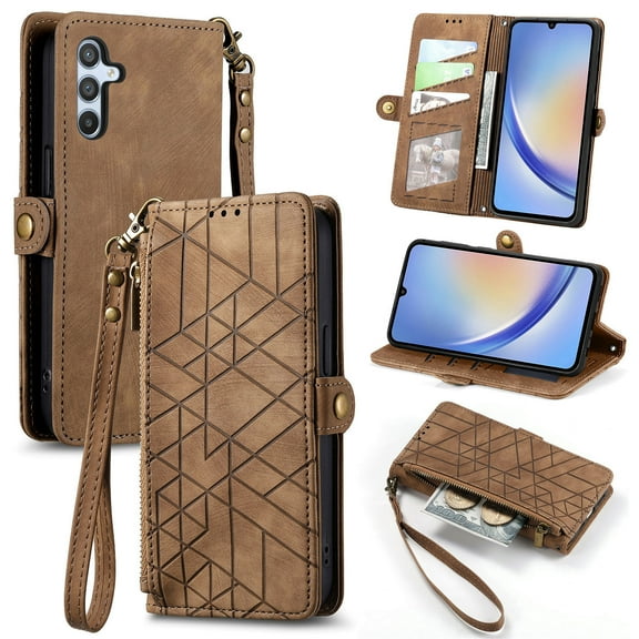 Nalacover Case for Samsung A14 5G, with RFID Blocking Card Slot Holder, Magnetic Flip Folio Purse Case, PU Leather Zipper Handbag with Detachable Lanyard Strap for Samsung Galaxy A14 5G, Brown