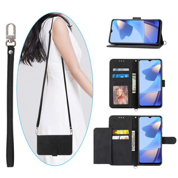 Nalacover Case for Samsung A22 4G, PU Leather Wallet Phone Crossbody Flip Case with Credit Card Holder and Shoulder Wrist Strap Magnetic Stand Shockproof Cover for Samsung Galaxy A22 4G, Black