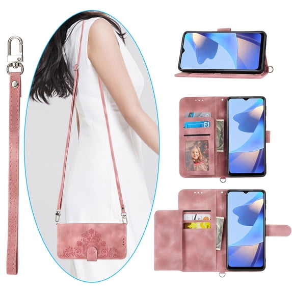 Nalacover Case for Samsung A22 5G, PU Leather Wallet Phone Crossbody Flip Case with Credit Card Holder and Shoulder Wrist Strap Magnetic Stand Shockproof Cover for Samsung Galaxy A22 5G, Pink