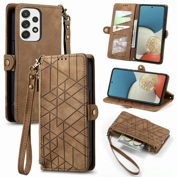 Nalacover Case for Samsung A32 5G, with RFID Blocking Card Slot Holder, Magnetic Flip Folio Purse Case, PU Leather Zipper Handbag with Detachable Lanyard Strap for Samsung Galaxy A32 5G, Brown