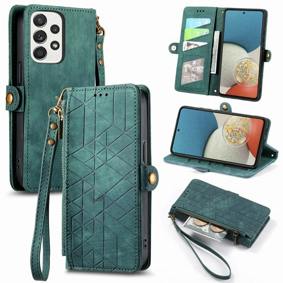 Nalacover Case for Samsung A53 5G, with RFID Blocking Card Slot Holder, Magnetic Flip Folio Purse Case, PU Leather Zipper Handbag with Detachable Lanyard Strap for Samsung Galaxy A53 5G, Green