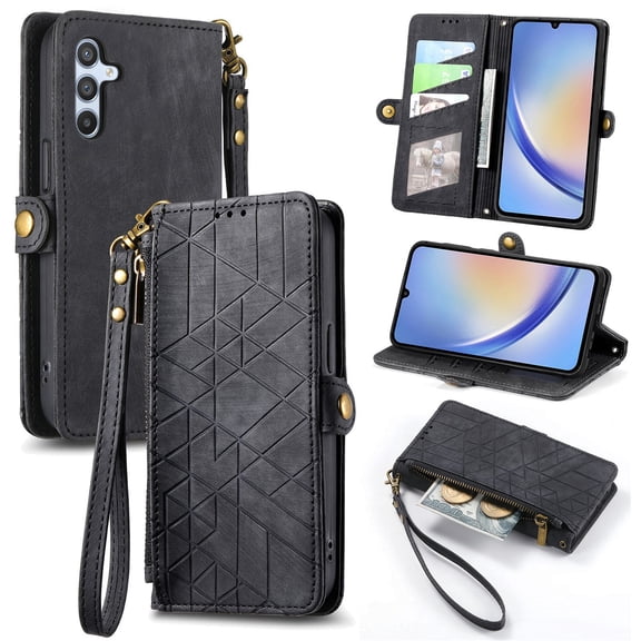 Nalacover Case for Samsung Galaxy A05, with RFID Blocking Card Slot Holder, Magnetic Flip Folio Purse Case, PU Leather Zipper Handbag with Detachable Lanyard Strap,Black