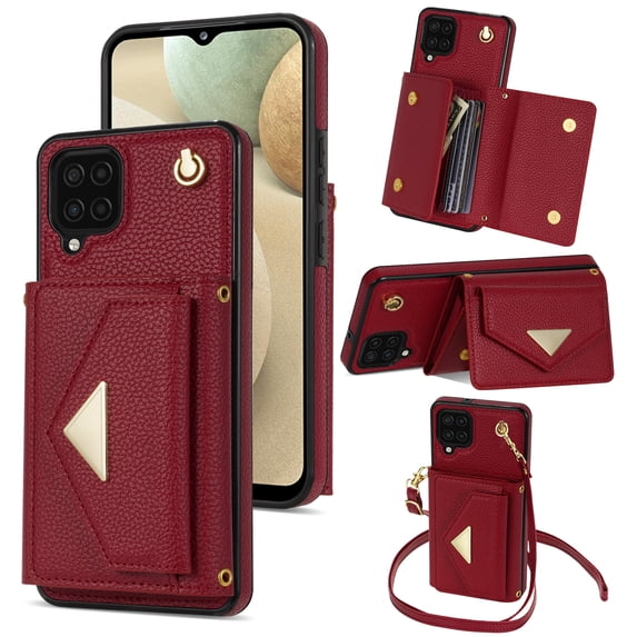 Nalacover Case for Samsung Galaxy A12 5G, Crossbody Wallet Case with Card Slots Holder, PU Leather Lanyard Shoulder Strap Purse Cover with Kickstand Shockproof Case, Red