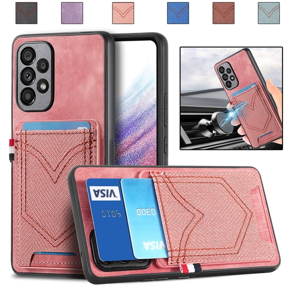 Nalacover Case for Samsung Galaxy A32 5G Back Card Slots Wallet Case, Vintage Denim Pattern PU Leather Magnet Car Mount Cover, Full Edge Protection Anti-Drop Shockproof Case,Pink