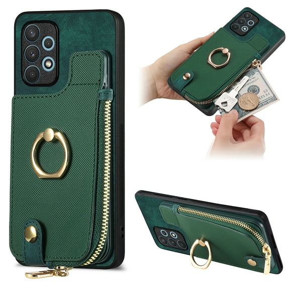 Nalacover Case for Samsung Galaxy A32 5G Wallet Case with Card Holder & Zipper Pocket, 360° Rotation Ring Kickstand Premium PU Leather Cover, Shockproof Magnetic Button Flip Stand Phone Case,Green