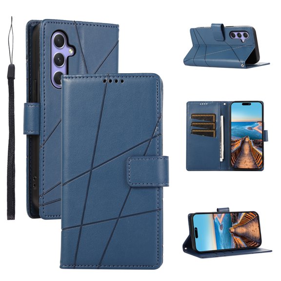 Nalacover Case for Samsung Galaxy A34 5G - Card Holder PU Leather Flip Wallet Cover with Magnetic Clasp Stand Hand Strap, Soft TPU Inner Shockproof Anti-Scratches Case for Galaxy A34 5G, Blue