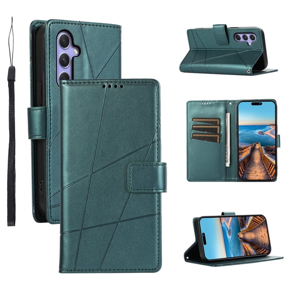 Nalacover Case for Samsung Galaxy A34 5G - Card Holder PU Leather Flip Wallet Cover with Magnetic Clasp Stand Hand Strap, Soft TPU Inner Shockproof Anti-Scratches Case for Galaxy A34 5G, Darkgreen
