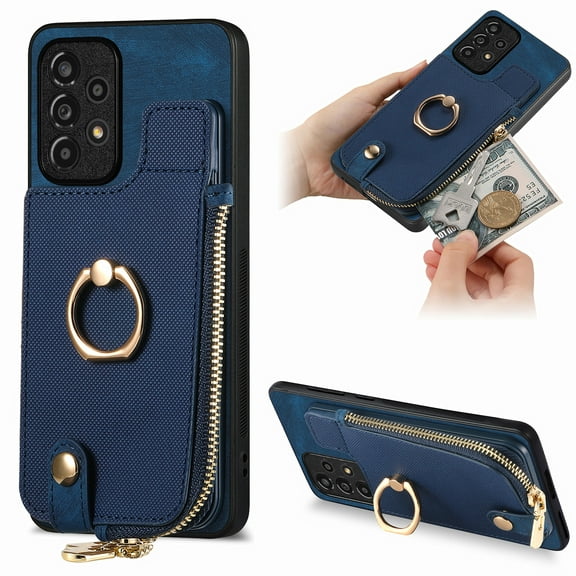 Nalacover Case for Samsung Galaxy A52 5G Wallet Case with Card Holder & Zipper Pocket, 360° Rotation Ring Kickstand Premium PU Leather Cover, Shockproof Magnetic Button Flip Stand Phone Case,Blue