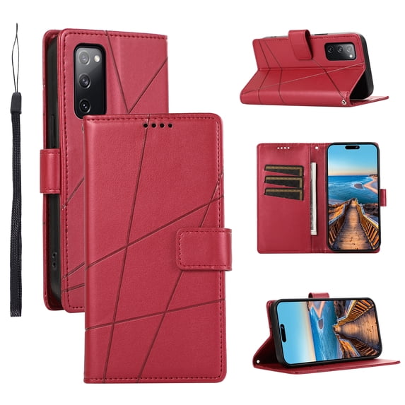 Nalacover Case for Samsung Galaxy S20 FE - Card Holder PU Leather Flip Wallet Cover with Magnetic Clasp Stand Hand Strap, Soft TPU Inner Shockproof Anti-Scratches Case for Galaxy S20 FE, Red