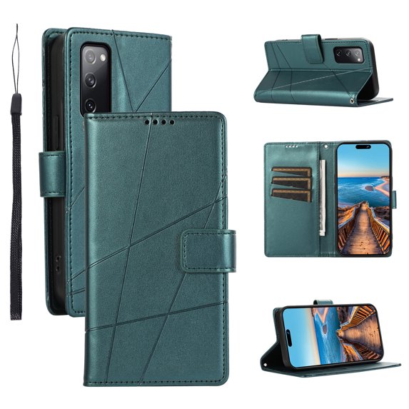 Nalacover Case for Samsung Galaxy S20 FE - Card Holder PU Leather Flip Wallet Cover with Magnetic Clasp Stand Hand Strap, Soft TPU Inner Shockproof Anti-Scratches Case for Galaxy S20 FE, Darkgreen