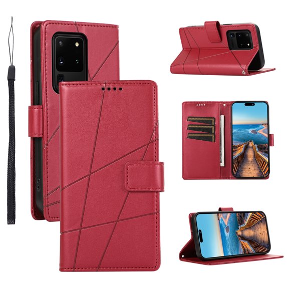 Nalacover Case for Samsung Galaxy S20 Ultra - Card Holder PU Leather Flip Wallet Cover with Magnetic Clasp Stand Hand Strap, Soft TPU Inner Shockproof Anti-Scratches Case for Galaxy S20 Ultra, Red