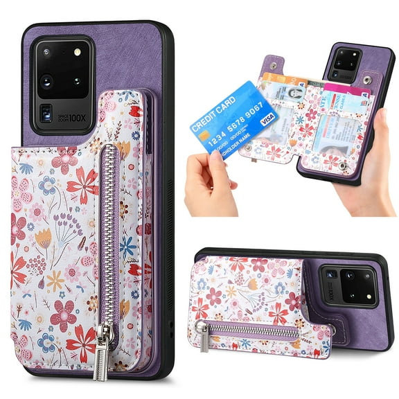 Nalacover Case for Samsung Galaxy S20 Ultra Wallet Case with Card Slots Zipper Pocket, Floral Pattern PU Leather Flip Kickstand Cover for Women Girls, RFID Blocking Shockproof Case, Purple