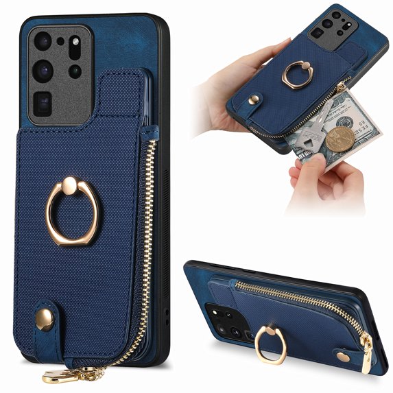Nalacover Case for Samsung Galaxy S20 Ultra Wallet Case with Card Holder & Zipper Pocket, 360° Rotation Ring Kickstand Premium PU Leather Cover, Shockproof Magnetic Button Flip Stand Phone Case,Blue