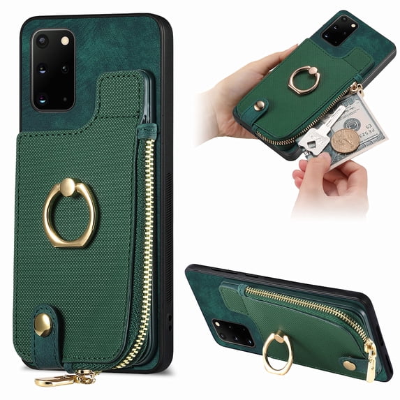 Nalacover Case for Samsung Galaxy S20+ Wallet Case with Card Holder & Zipper Pocket, 360° Rotation Ring Kickstand Premium PU Leather Cover, Shockproof Magnetic Button Flip Stand Phone Case,Green
