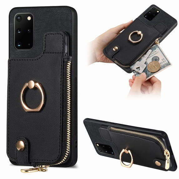 Nalacover Case for Samsung Galaxy S20+ Wallet Case with Card Holder & Zipper Pocket, 360° Rotation Ring Kickstand Premium PU Leather Cover, Shockproof Magnetic Button Flip Stand Phone Case,Black