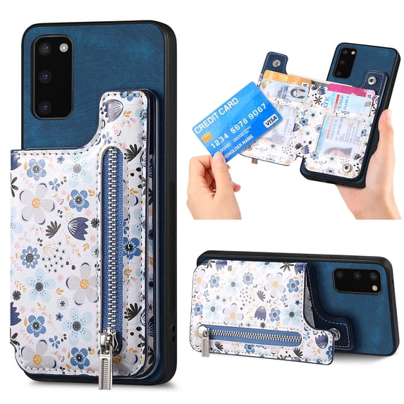 Nalacover Case for Samsung Galaxy S20 Wallet Case with Card Slots Zipper Pocket, Floral Pattern PU Leather Flip Kickstand Cover for Women Girls, RFID Blocking Shockproof Case, Blue