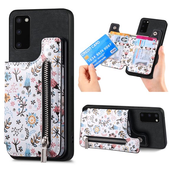 Nalacover Case for Samsung Galaxy S20 Wallet Case with Card Slots Zipper Pocket, Floral Pattern PU Leather Flip Kickstand Cover for Women Girls, RFID Blocking Shockproof Case, Black