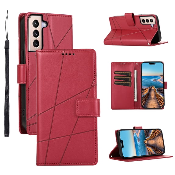 Nalacover Case for Samsung Galaxy S21 - Card Holder PU Leather Flip Wallet Cover with Magnetic Clasp Stand Hand Strap, Soft TPU Inner Shockproof Anti-Scratches Case for Galaxy S21, Red