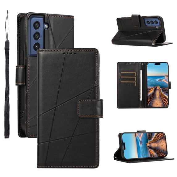 Nalacover Case for Samsung Galaxy S21 FE - Card Holder PU Leather Flip Wallet Cover with Magnetic Clasp Stand Hand Strap, Soft TPU Inner Shockproof Anti-Scratches Case for Galaxy S21 FE, Black