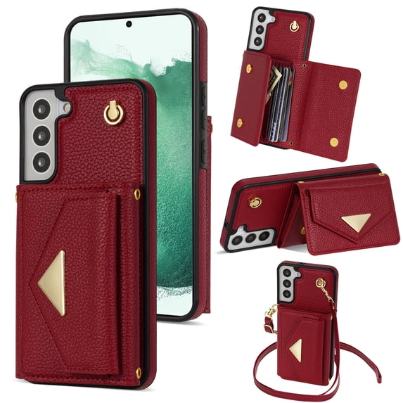 Nalacover Case for Samsung Galaxy S21 FE, Crossbody Wallet Case with Card Slots Holder, PU Leather Lanyard Shoulder Strap Purse Cover with Kickstand Shockproof Case, Red