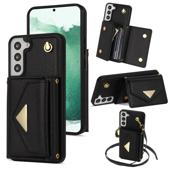 Nalacover Case for Samsung Galaxy S21 FE, Crossbody Wallet Case with Card Slots Holder, PU Leather Lanyard Shoulder Strap Purse Cover with Kickstand Shockproof Case, Black