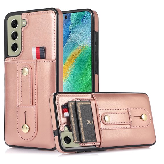 Nalacover Case for Samsung Galaxy S21 FE Wallet Case Hidden Card Slots Holder, Premium PU Leather Loop Finger Strap TPU Shockproof Lens Protection Cover for Samsung Galaxy S21 FE, Rosegold