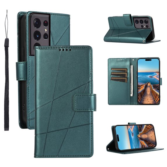 Nalacover Case for Samsung Galaxy S21 Ultra - Card Holder PU Leather Flip Wallet Cover with Magnetic Clasp Stand Hand Strap, Soft TPU Inner Shockproof Anti-Scratches Case, Darkgreen
