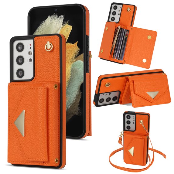 Nalacover Case for Samsung Galaxy S21 Ultra, Crossbody Wallet Case with Card Slots Holder, PU Leather Lanyard Shoulder Strap Purse Cover with Kickstand Shockproof Case, Orange