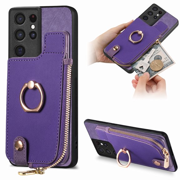 Nalacover Case for Samsung Galaxy S21 Ultra Wallet Case with Card Holder & Zipper Pocket, 360° Rotation Ring Kickstand Premium PU Leather Cover, Shockproof Magnetic Button Flip Stand Phone Case,Purple