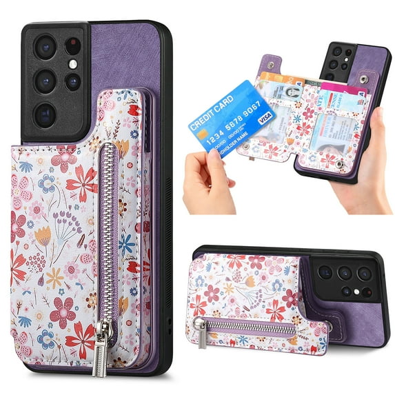 Nalacover Case for Samsung Galaxy S21 Ultra Wallet Case with Card Slots Zipper Pocket, Floral Pattern PU Leather Flip Kickstand Cover for Women Girls, RFID Blocking Shockproof Case, Purple