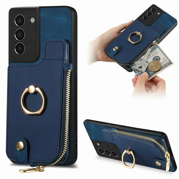 Nalacover Case for Samsung Galaxy S21+ Wallet Case with Card Holder & Zipper Pocket, 360° Rotation Ring Kickstand Premium PU Leather Cover, Shockproof Magnetic Button Flip Stand Phone Case,Blue