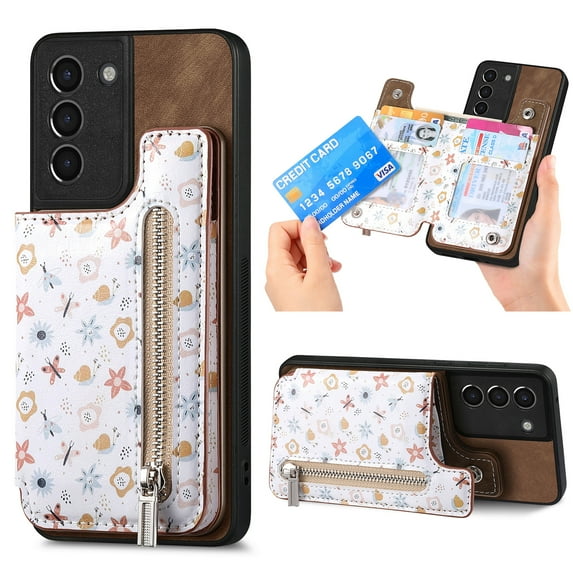 Nalacover Case for Samsung Galaxy S21 Wallet Case with Card Slots Zipper Pocket, Floral Pattern PU Leather Flip Kickstand Cover for Women Girls, RFID Blocking Shockproof Case, Brown