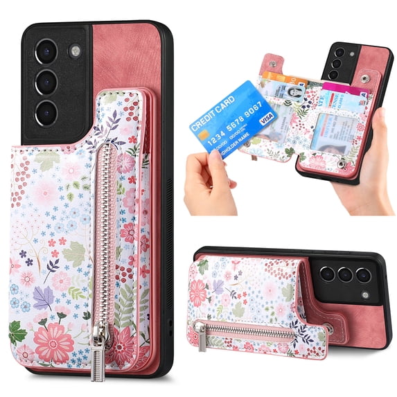 Nalacover Case for Samsung Galaxy S21 Wallet Case with Card Slots Zipper Pocket, Floral Pattern PU Leather Flip Kickstand Cover for Women Girls, RFID Blocking Shockproof Case, Pink