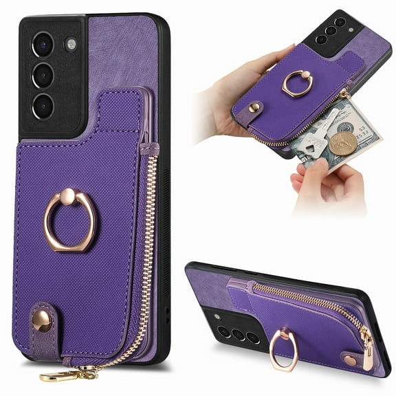 Nalacover Case for Samsung Galaxy S21 Wallet Case with Card Holder & Zipper Pocket, 360° Rotation Ring Kickstand Premium PU Leather Cover, Shockproof Magnetic Button Flip Stand Phone Case,Purple