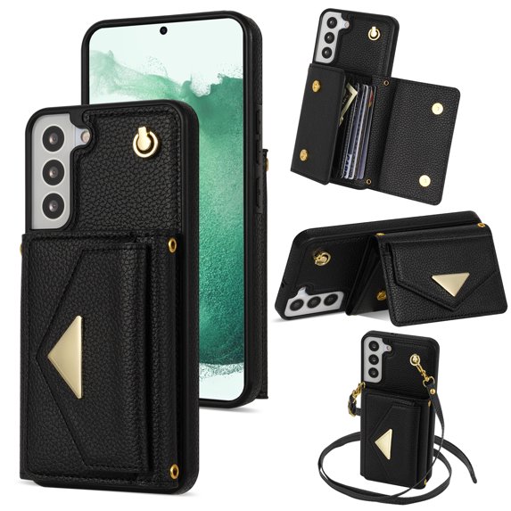 Nalacover Case for Samsung Galaxy S22, Crossbody Wallet Case with Card Slots Holder, PU Leather Lanyard Shoulder Strap Purse Cover with Kickstand Shockproof Case, Black