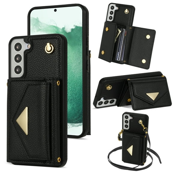 Nalacover Case for Samsung Galaxy S22 Plus, Crossbody Wallet Case with Card Slots Holder, PU Leather Lanyard Shoulder Strap Purse Cover with Kickstand Shockproof Case, Black