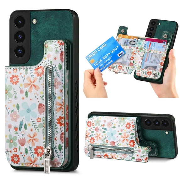 Nalacover Case for Samsung Galaxy S22 Plus Wallet Case with Card Slots Zipper Pocket, Floral Pattern PU Leather Flip Kickstand Cover for Women Girls, RFID Blocking Shockproof Case, Green