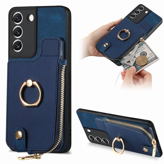 Nalacover Case for Samsung Galaxy S22 Plus Wallet Case with Card Holder & Zipper Pocket, 360° Rotation Ring Kickstand Premium PU Leather Cover, Shockproof Magnetic Button Flip Stand Phone Case,Blue