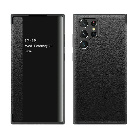 Nalacover Case for Samsung Galaxy S22 Ultra, Clear View Window Lychee Pattern PU Leather Rugged PC Flip Folio Cover with Magnetic Closure Shockproof Corners Case for Samsung Galaxy S22 Ultra,Black