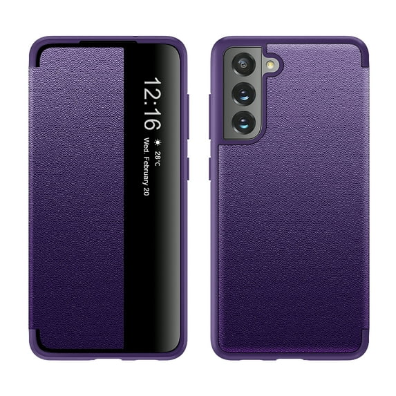Nalacover Case for Samsung Galaxy S23, Clear View Window Lychee Pattern PU Leather Rugged PC Flip Folio Cover with Magnetic Closure Shockproof Corners Case for Samsung Galaxy S23, Purple