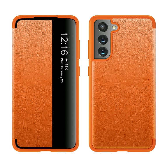 Nalacover Case for Samsung Galaxy S23, Clear View Window Lychee Pattern PU Leather Rugged PC Flip Folio Cover with Magnetic Closure Shockproof Corners Case for Samsung Galaxy S23, Orange