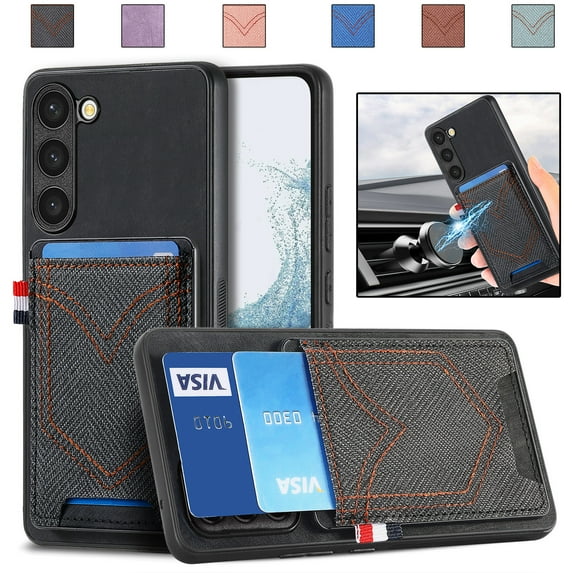 Nalacover Case for Samsung Galaxy S23 FE Back Card Slots Wallet Case, Vintage Denim Pattern PU Leather Magnet Car Mount Cover, Full Edge Protection Anti-Drop Shockproof Case, Black
